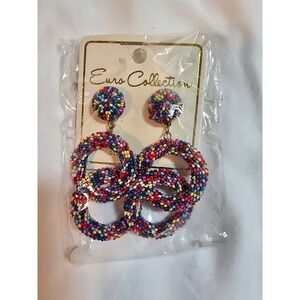 Euro Collection Multicolor Seed Bead Triple Hoop Drop Earrings India New